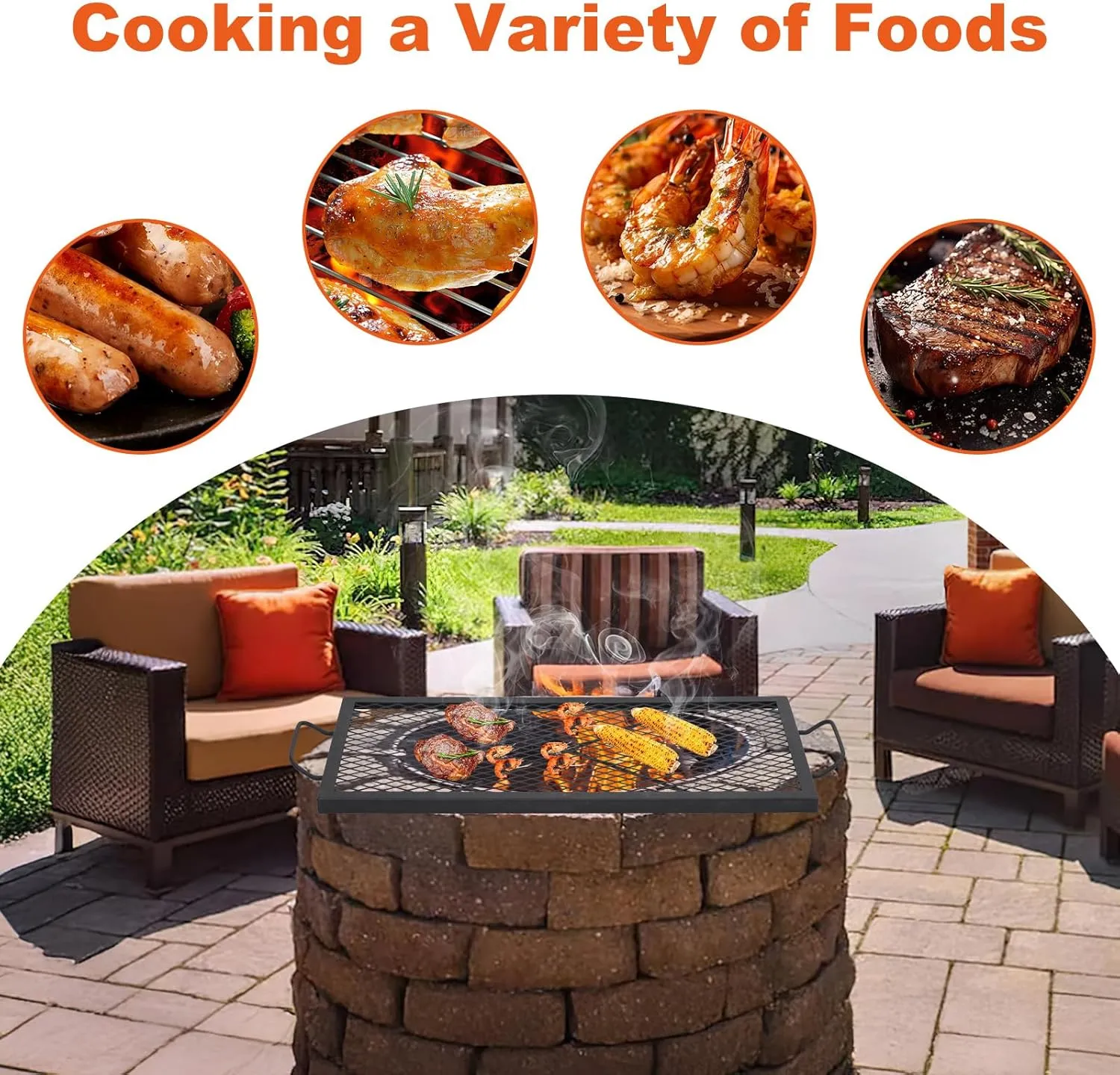 36×36in Fire Pit Cooking Grill Grate, X-Marks Fire Pit Grill Cooking Grate, Outdoor Campfire BBQ Grill, Heavy Duty Steel Campfire BBQ Grill Grid, Portable Camping Cookware with Handle