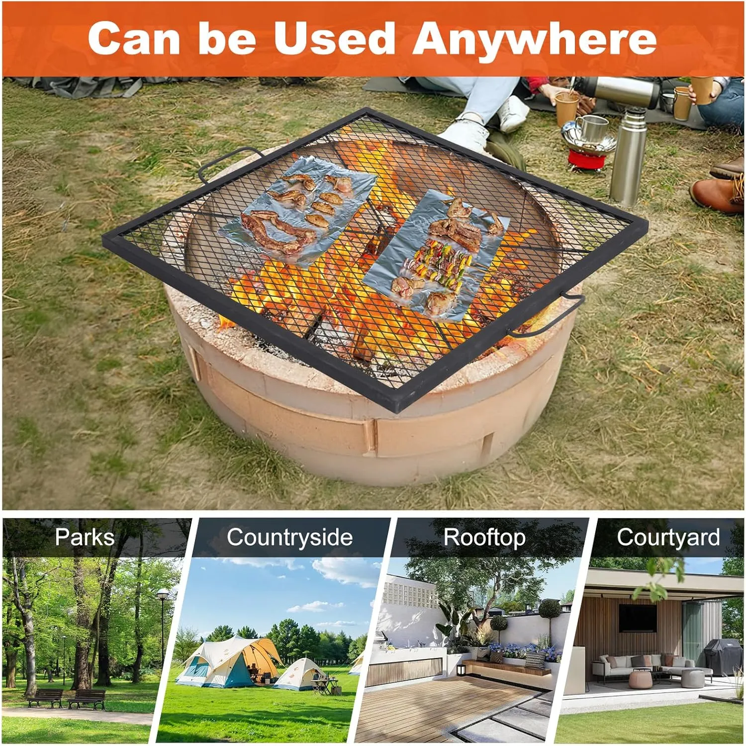 36×36in Fire Pit Cooking Grill Grate, X-Marks Fire Pit Grill Cooking Grate, Outdoor Campfire BBQ Grill, Heavy Duty Steel Campfire BBQ Grill Grid, Portable Camping Cookware with Handle