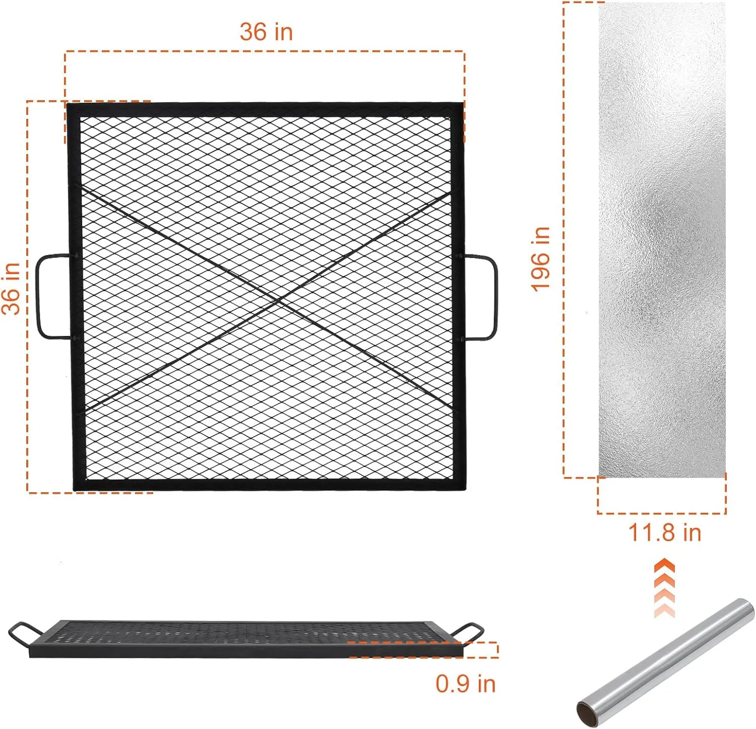 36×36in Fire Pit Cooking Grill Grate, X-Marks Fire Pit Grill Cooking Grate, Outdoor Campfire BBQ Grill, Heavy Duty Steel Campfire BBQ Grill Grid, Portable Camping Cookware with Handle