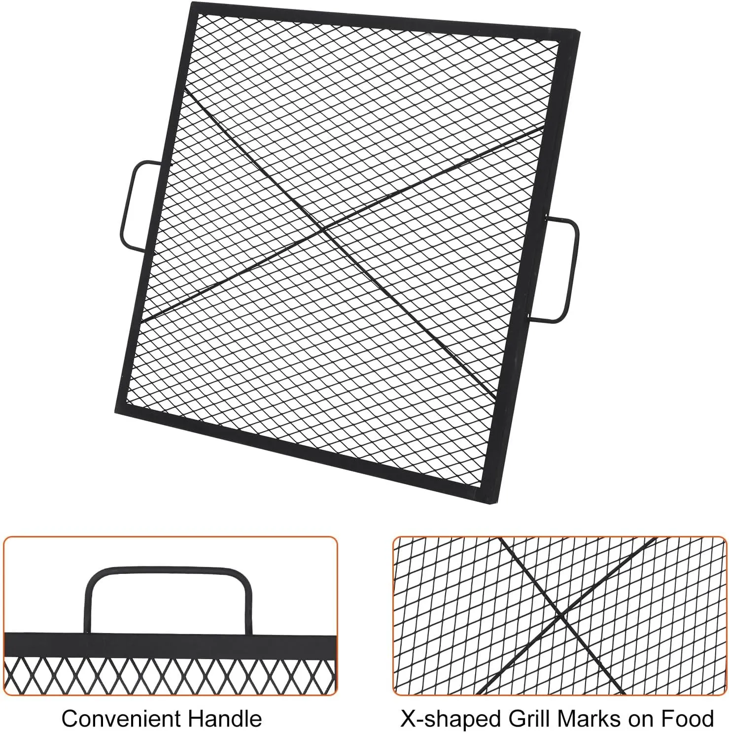 36×36in Fire Pit Cooking Grill Grate, X-Marks Fire Pit Grill Cooking Grate, Outdoor Campfire BBQ Grill, Heavy Duty Steel Campfire BBQ Grill Grid, Portable Camping Cookware with Handle