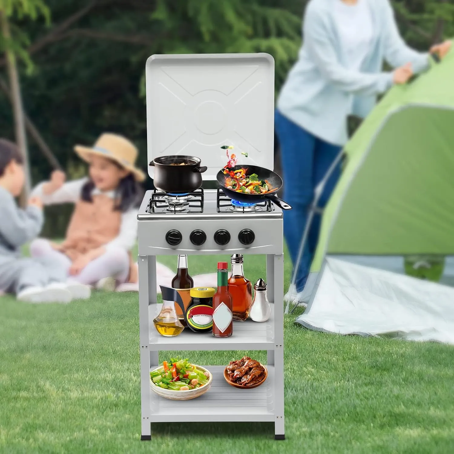 4- Burner Gas Camping Stove,Portable Propane Burners Outdoor Stove with Removable Storage Legs Stand,Manual Ignition Propane Gas Cooker for Camping Cookout,Home RV Cooking (White)