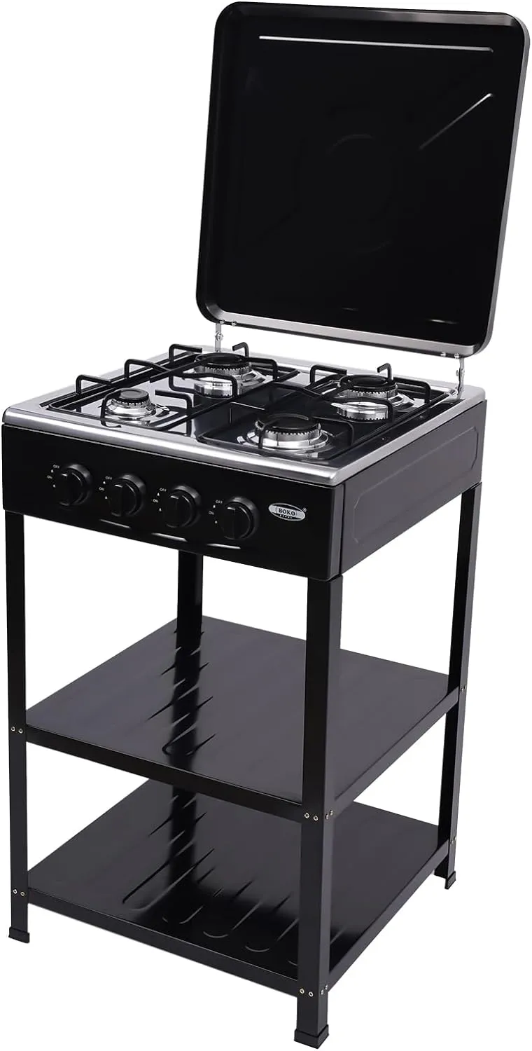 4 Burner Gas Stove Portable Outdoor Stove with Support Leg Stand and Wind Blocking Cover Adapter for Camping Picnic Home RV Cooking (Black) (Black)