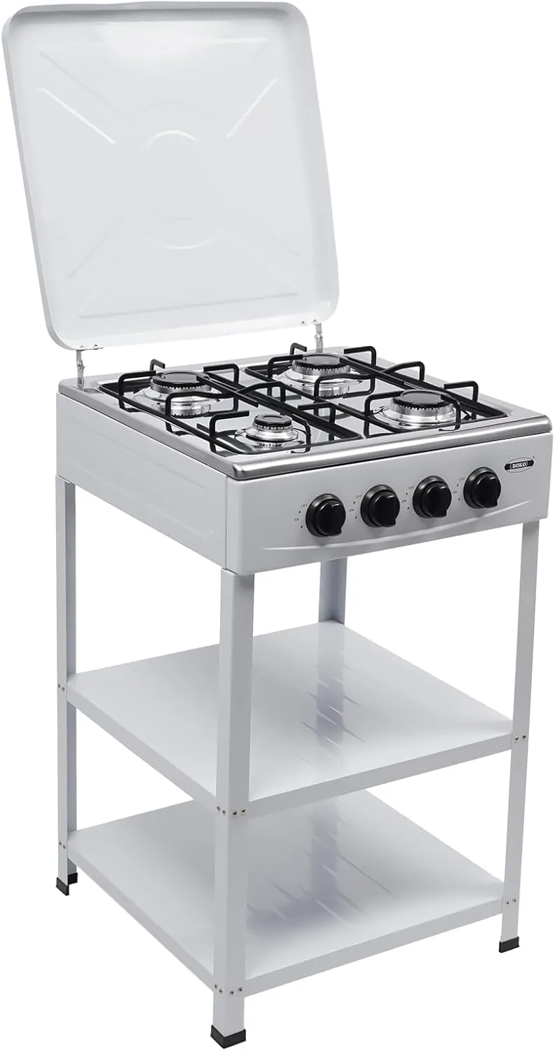 4-Burner Gas Stove, White, Manual Ignition, 19.3 x 19.3 x 31.1 inches, Freestanding Design with Storage Shelves