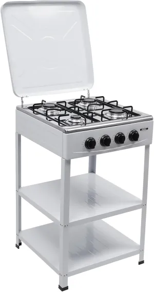 4-Burner Gas Stove, White, Manual Ignition, 19.3 x 19.3 x 31.1 inches, Freestanding Design with Storage Shelves