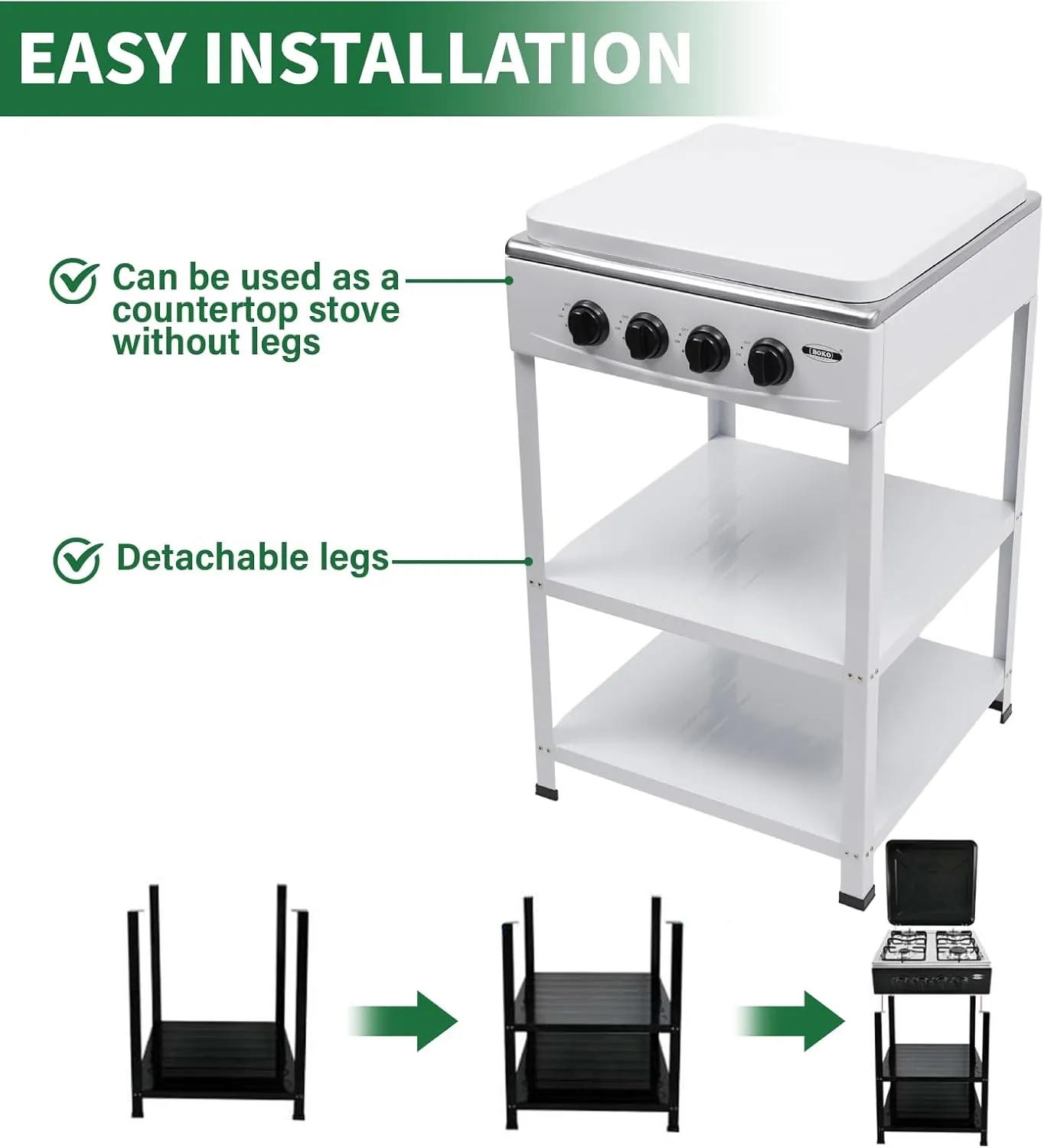 4 Burner Gas Stove with Removable Leg Stand Portable Gas Stove LNG/LPG Auto Ignition for RV, Apartment, Camping, Outdoor Cooking, White