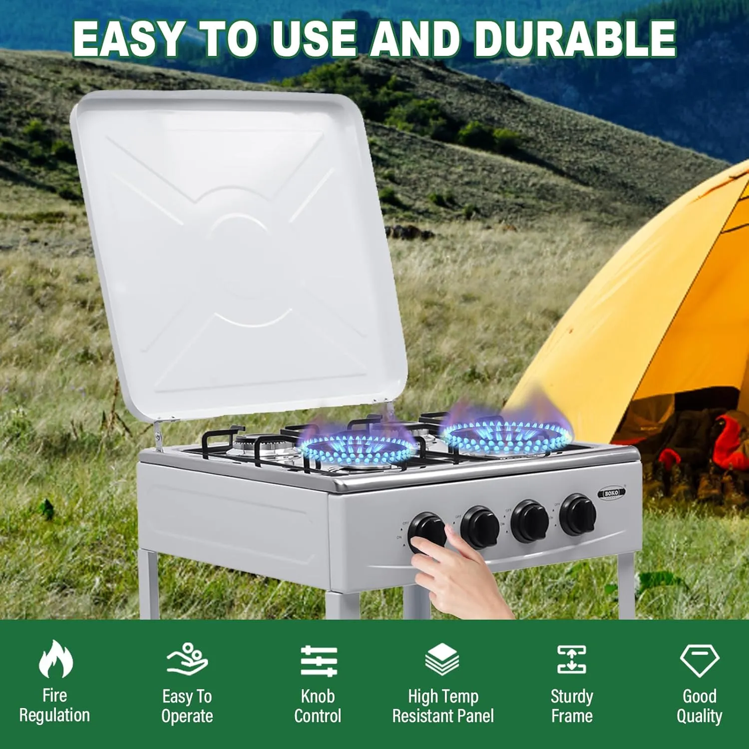 4 Burner Gas Stove with Removable Leg Stand Portable Gas Stove LNG/LPG Auto Ignition for RV, Apartment, Camping, Outdoor Cooking, White