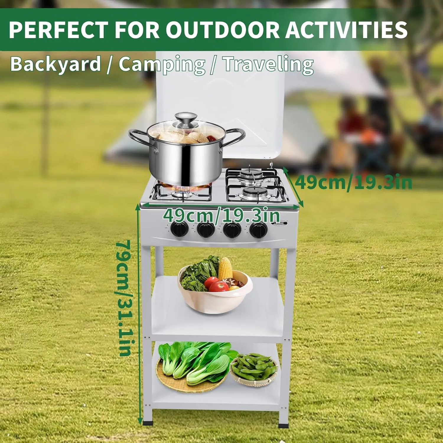 4 Burner Gas Stove with Removable Leg Stand Portable Gas Stove LNG/LPG Auto Ignition for RV, Apartment, Camping, Outdoor Cooking, White