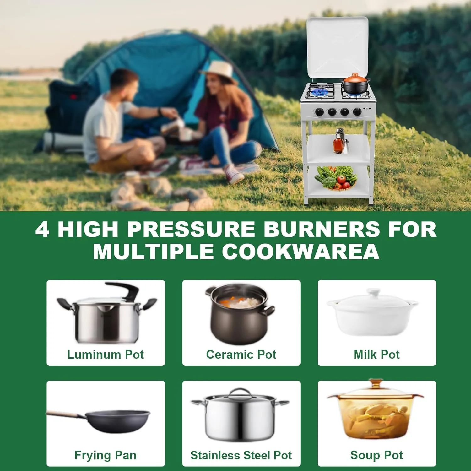 4 Burner Gas Stove with Removable Leg Stand Portable Gas Stove LNG/LPG Auto Ignition for RV, Apartment, Camping, Outdoor Cooking, White