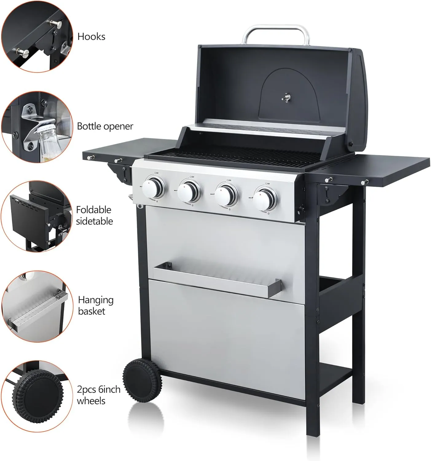 4 Burner Propane Gas BBQ Grill, 34200 BTU Output Barbecue Grill, Wire Enamel Cooking Grids for Patio Backyard Outdoor Barbecue, Stainless Steel Grill with Wheels, Foldable Side Table
