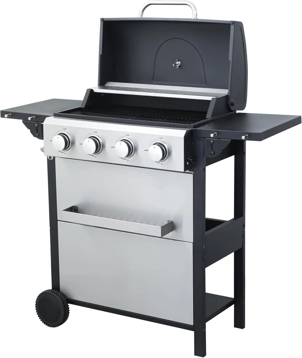 4 Burner Propane Gas BBQ Grill, 34200 BTU Output Barbecue Grill, Wire Enamel Cooking Grids for Patio Backyard Outdoor Barbecue, Stainless Steel Grill with Wheels, Foldable Side Table