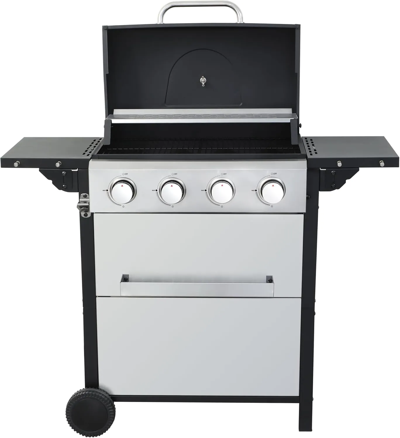4 Burner Propane Gas BBQ Grill, 34200 BTU Output Barbecue Grill, Wire Enamel Cooking Grids for Patio Backyard Outdoor Barbecue, Stainless Steel Grill with Wheels, Foldable Side Table