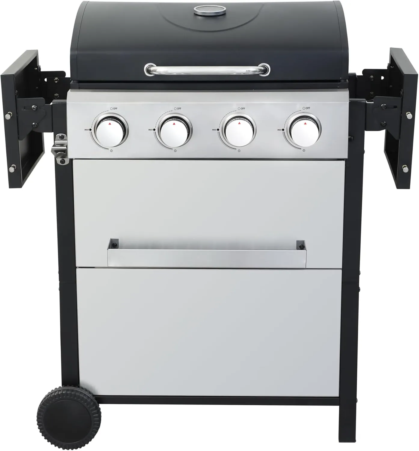 4 Burner Propane Gas BBQ Grill, 34200 BTU Output Barbecue Grill, Wire Enamel Cooking Grids for Patio Backyard Outdoor Barbecue, Stainless Steel Grill with Wheels, Foldable Side Table