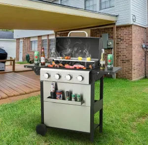 4 Burner Propane Gas BBQ Grill, 34200 BTU Output Barbecue Grill, Wire Enamel Cooking Grids for Patio Backyard Outdoor Barbecue, Stainless Steel Grill with Wheels, Foldable Side Table