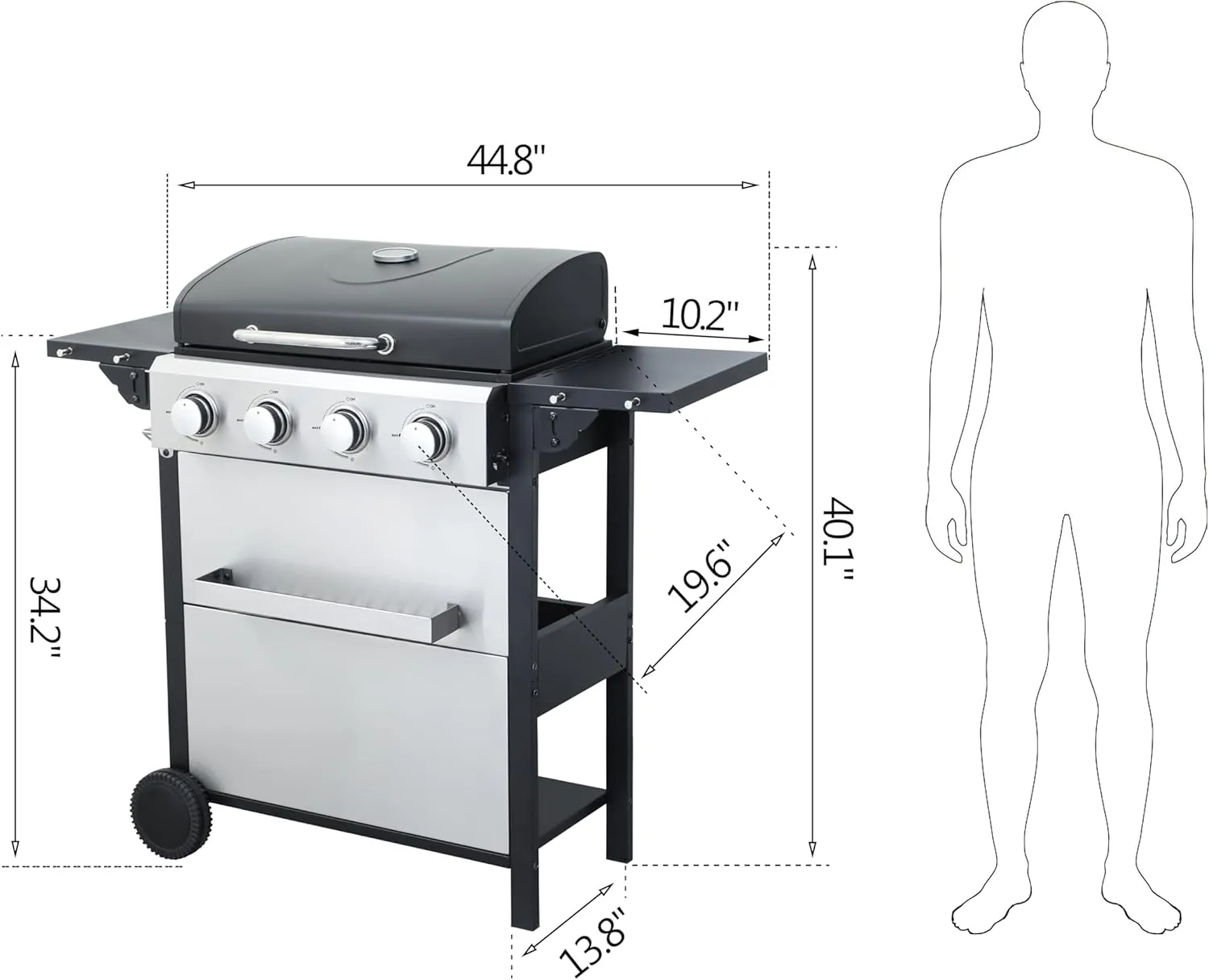 4 Burner Propane Gas BBQ Grill, 34200 BTU Output Barbecue Grill, Wire Enamel Cooking Grids for Patio Backyard Outdoor Barbecue, Stainless Steel Grill with Wheels, Foldable Side Table