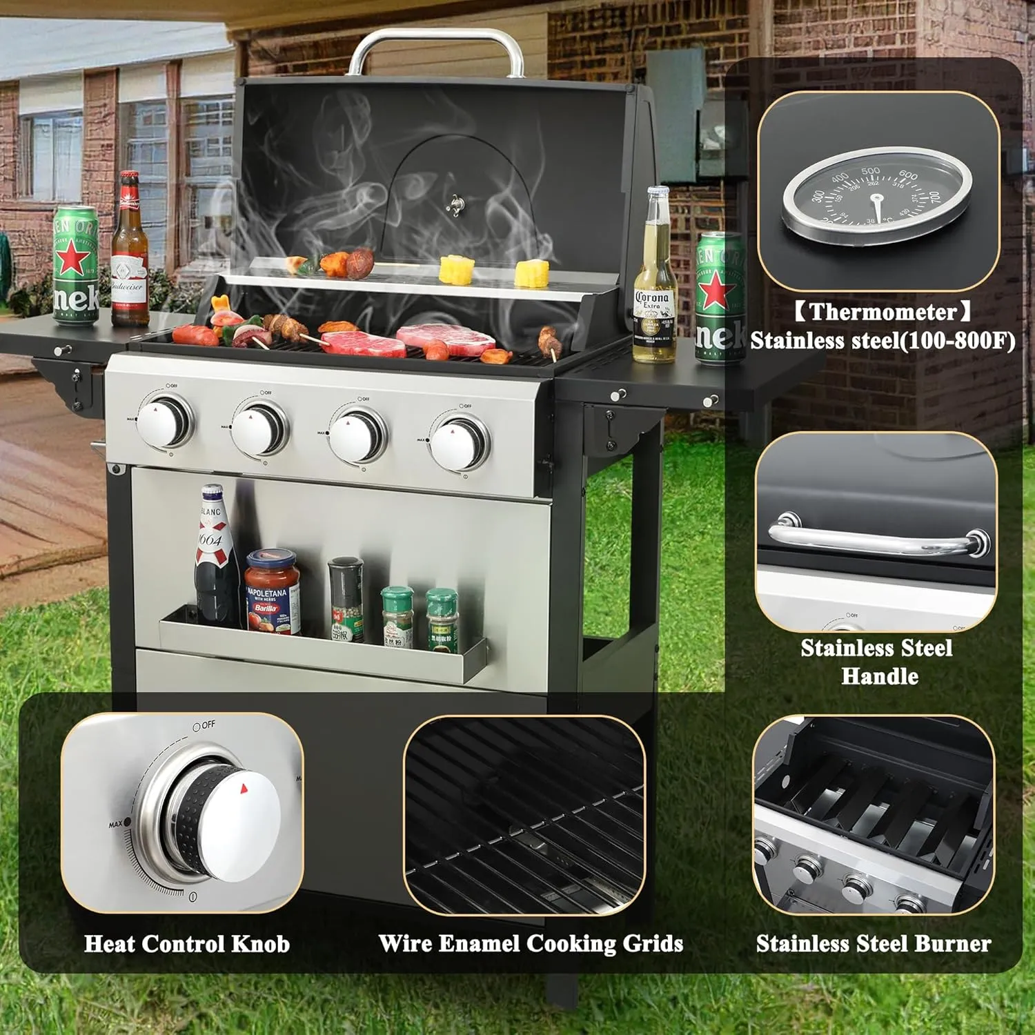 4-Burner Propane Gas BBQ Grill with Wire Enamel Cooking Grids & Thermometer, 34,200 BTU Output Stainless Steel Grill with Foldable Side Table for Outdoor Barbecue (4 Burner)