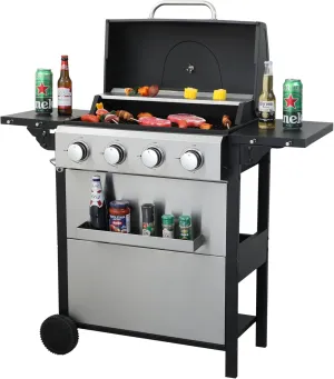 4-Burner Propane Gas BBQ Grill with Wire Enamel Cooking Grids & Thermometer, 34,200 BTU Output Stainless Steel Grill with Foldable Side Table for Outdoor Barbecue (4 Burner)