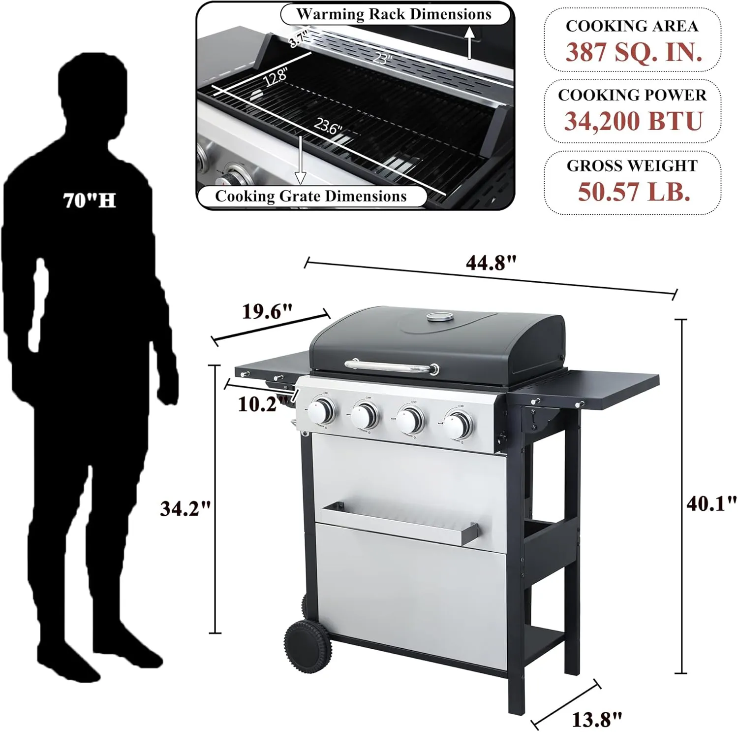 4-Burner Propane Gas BBQ Grill with Wire Enamel Cooking Grids & Thermometer, 34,200 BTU Output Stainless Steel Grill with Foldable Side Table for Outdoor Barbecue (4 Burner)