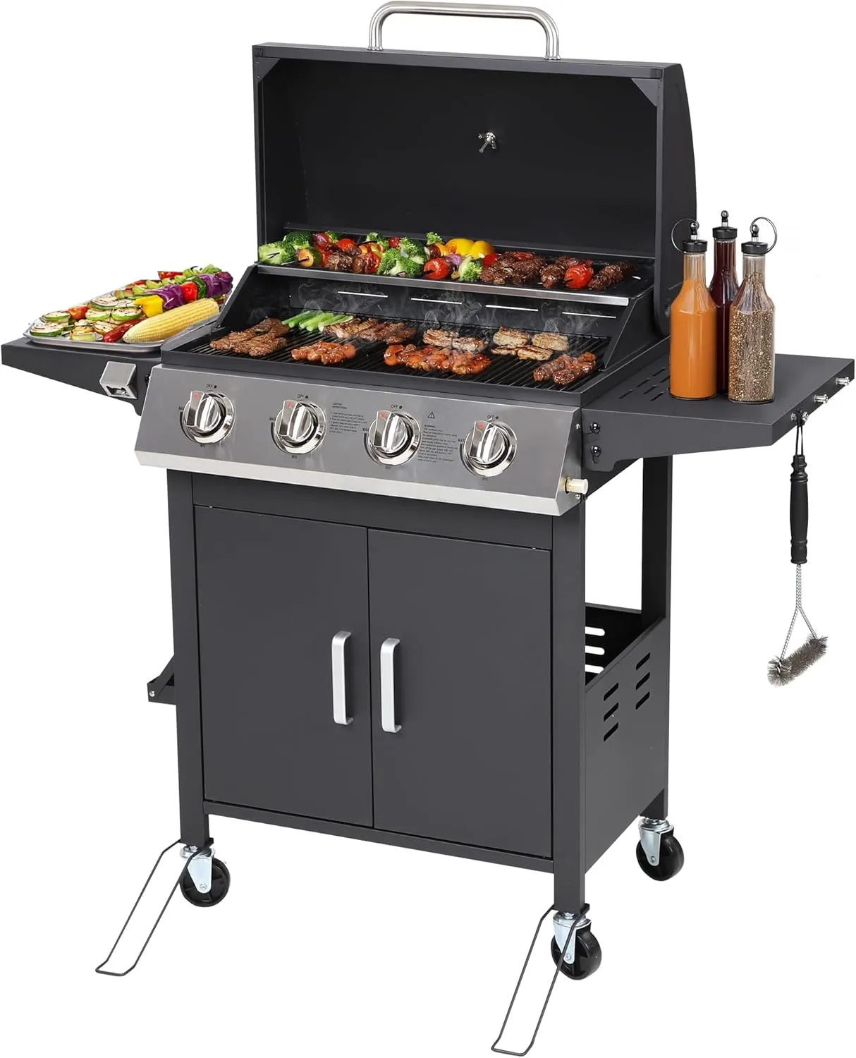 4-Burner Propane Gas Grill, Outdoor Stainless Steel Gas BBQ Grill, 40,000 BTU with Foldable Side Shelves, Warming Rack, Porcelain-Coated Iron Grates for Backyard & Garden