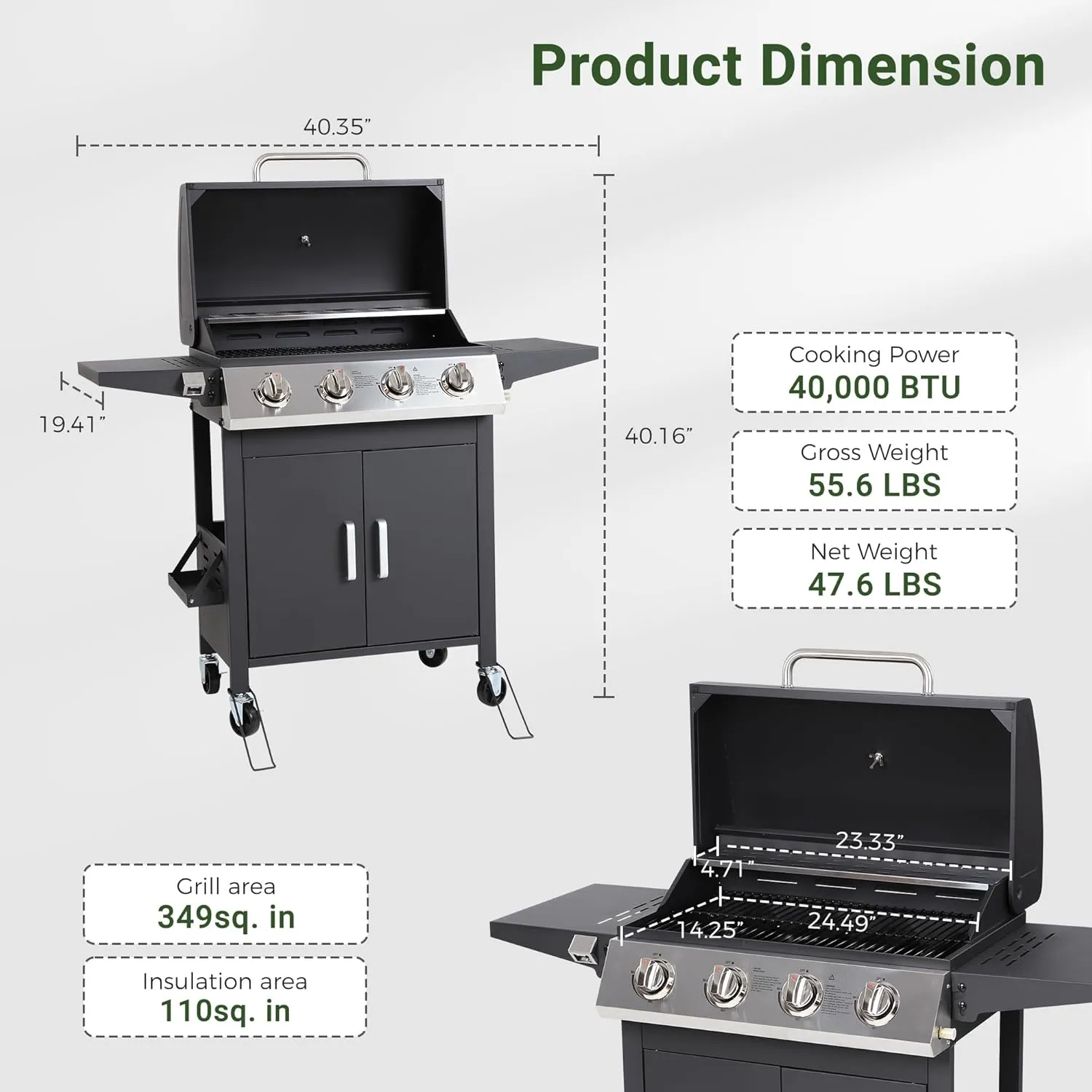 4-Burner Propane Gas Grill, Stainless Steel BBQ Grill 40,000 BTU Output With Enamel Cooking Grids & Foldable Side Table, Spice Rack for Outdoor, Patio, Garden, Father's Day(Black, 4-burner)