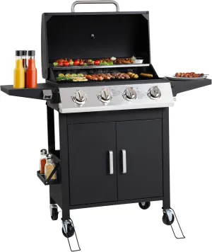 4-Burner Propane Gas Grill, Stainless Steel BBQ Grill 40,000 BTU Output With Enamel Cooking Grids & Foldable Side Table, Spice Rack for Outdoor, Patio, Garden, Father's Day(Black, 4-burner)