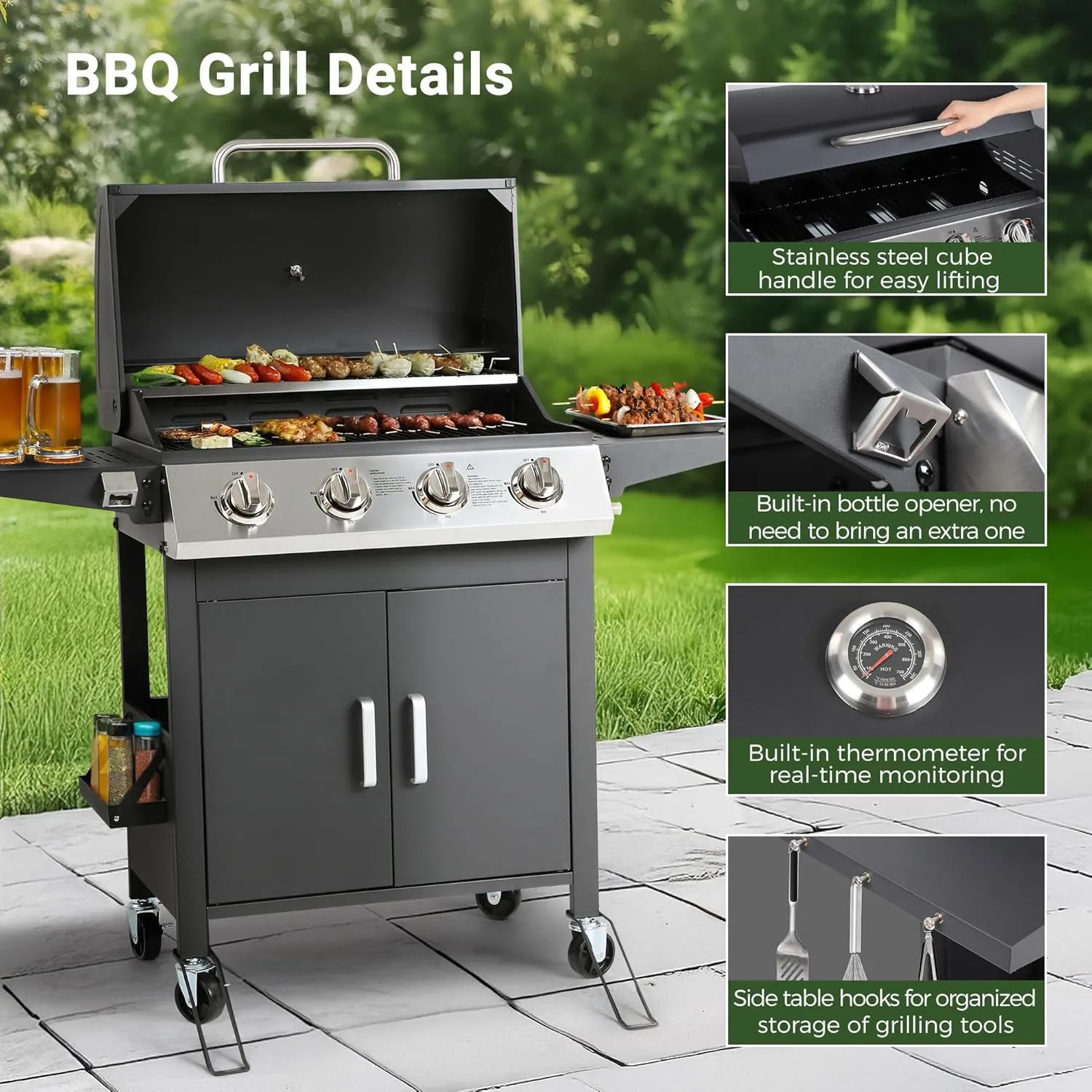 4-Burner Propane Gas Grill, Stainless Steel BBQ Grill 40,000 BTU Output With Enamel Cooking Grids & Foldable Side Table, Spice Rack for Outdoor, Patio, Garden, Father's Day(Black, 4-burner)