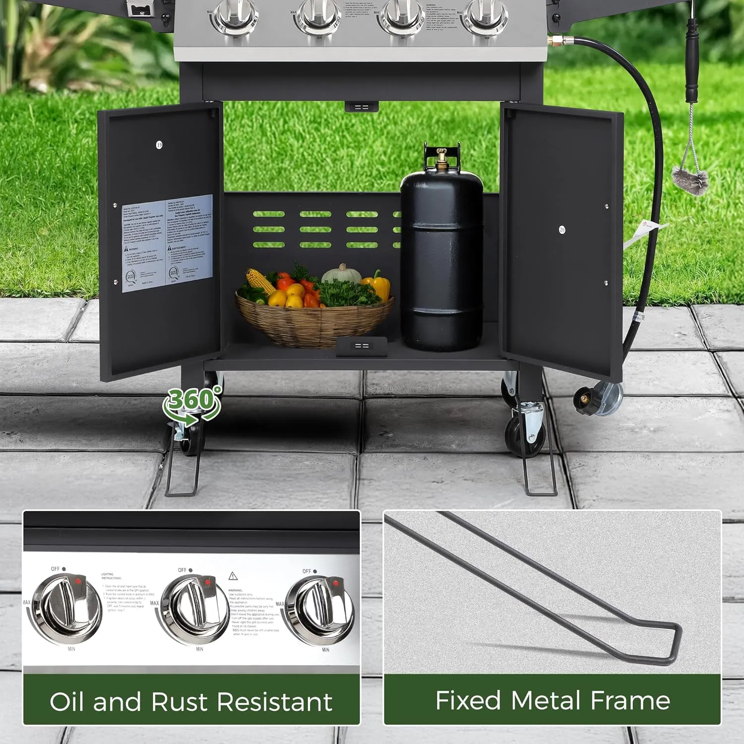 4-Burner Propane Gas Grill, Stainless Steel BBQ Grill 40,000 BTU Output With Enamel Cooking Grids & Foldable Side Table, Spice Rack for Outdoor, Patio, Garden, Father's Day(Black, 4-burner)