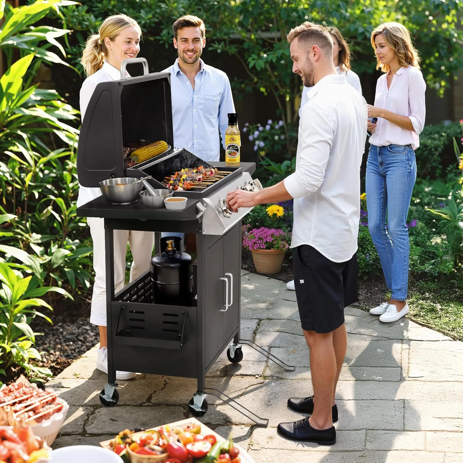4-Burner Propane Gas Grill, Stainless Steel BBQ Grill 40,000 BTU Output With Enamel Cooking Grids & Foldable Side Table, Spice Rack for Outdoor, Patio, Garden, Father's Day(Black, 4-burner)