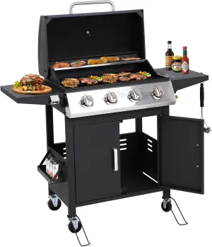 4 Burner Propane Gas Grill with Foldable Shelves, 40,000 BTU Outdoor BBQ Grill with Top Cover Lid, Wheels, Iron Grates and Warming Racks, Suitable for Patio, Camping, Outdoor Cooking