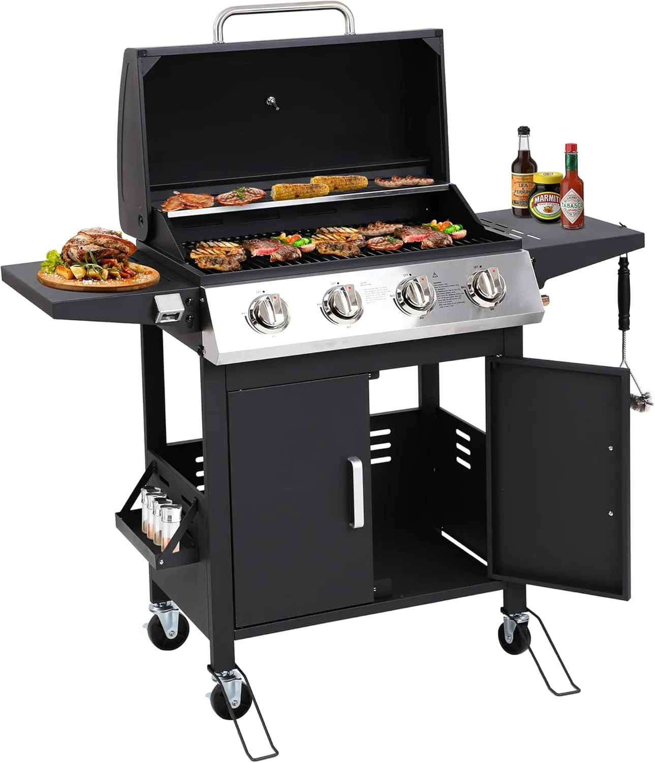 4 Burner Propane Gas Grill with Foldable Shelves, 40,000 BTU Outdoor BBQ Grill with Top Cover Lid, Wheels, Iron Grates and Warming Racks, Suitable for Patio, Camping, Outdoor Cooking