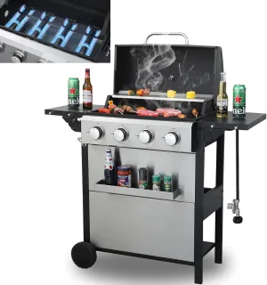 4 Burner Propane Gas Grill with Porcelain-Enameled Grates & Thermometer, Stainless Steel BBQ Grill 34200 BTU with Folding Side Tables for Outdoor Cooking Kitchen, Garden, Patio