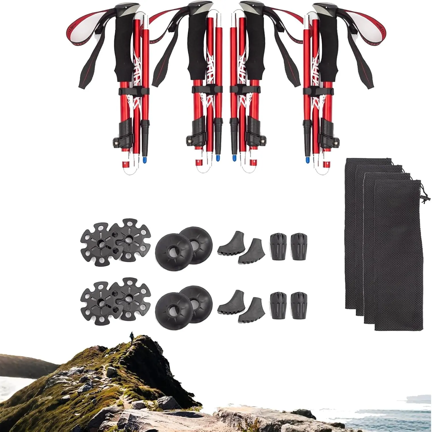 4 Pac Collapsible Trekking Hiking Poles- 2 Pack Folding Aluminum Walking Sticks Telescopic, Adjustable, Lightweight for Men Women