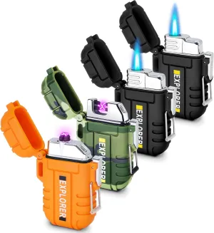 4 Pack Waterproof Lighter Outdoor Windproof Torch Lighters Dual Arc Lighters Butane Electric USB Rechargeable Flameless Plasma Lighter Camping Hiking Adventure Survival Tactical Gear