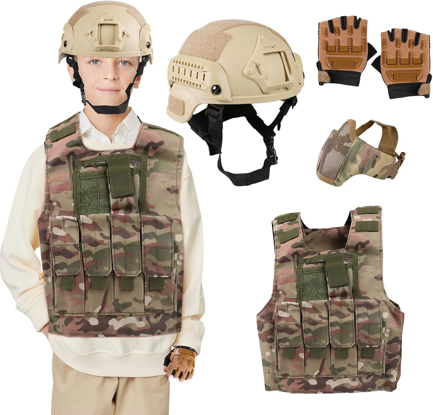4 Packs Kids Tactical Helmet, Vest Gloves Mask Set Paintball Vest Paintball Airsoft Fast Helmet Mask Gloves