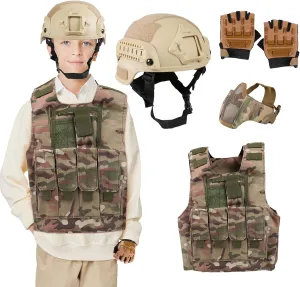 4 Packs Kids Tactical Helmet, Vest Gloves Mask Set Paintball Vest Paintball Airsoft Fast Helmet Mask Gloves