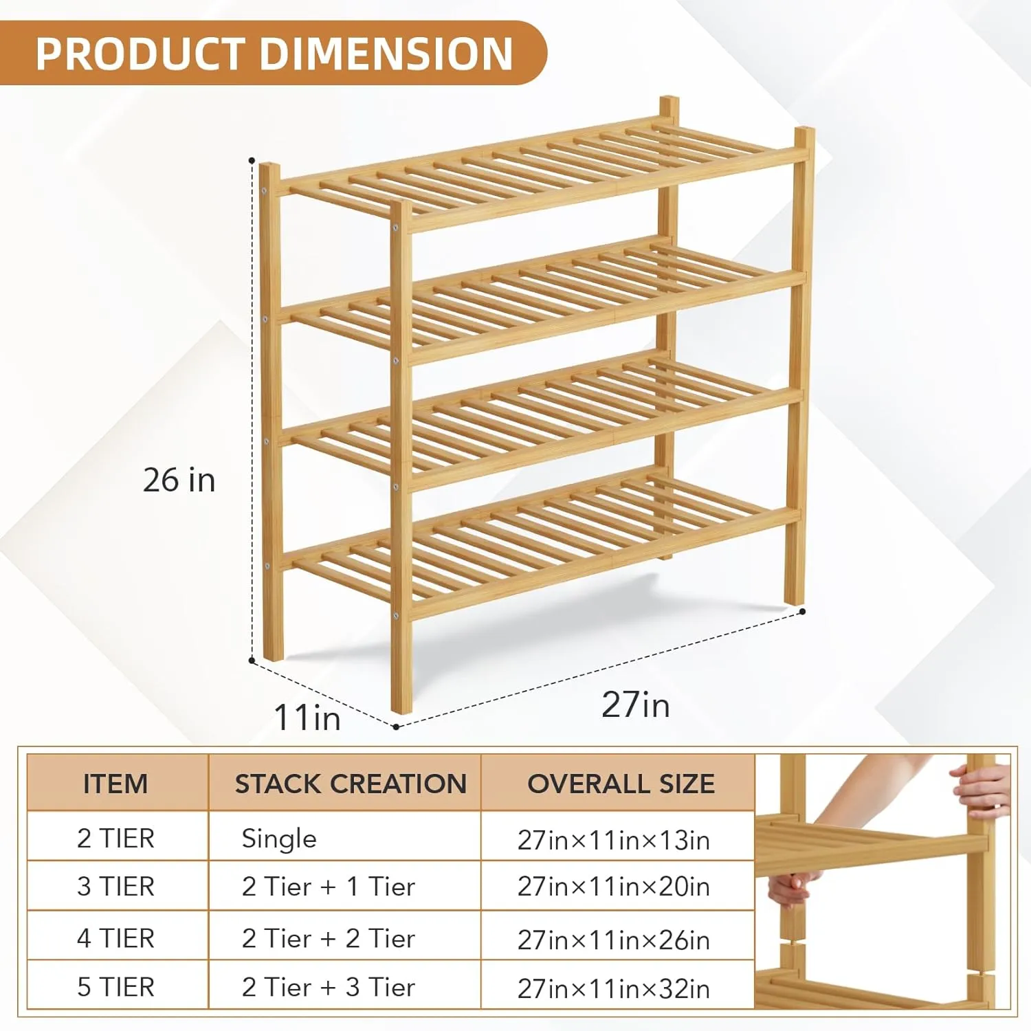 4 Tier Bamboo Shoe Rack Storage Organizer for Closet, Multifunctional Stackable Free Standing Shoe Shelf Organizer for Small Space,Entryway,Hallway,Bathroom 27"x11"x26"(Natural, 4 Tier)