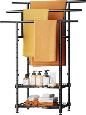 44" Tall Standing Towel Racks, 3 Tier Towel Stand Blanket Rack with Basket, Freestanding Towel Racks for Bathroom Organizer, Metal Blanket Rack for Outdoor Pool, Bedroom, Living Room, Black