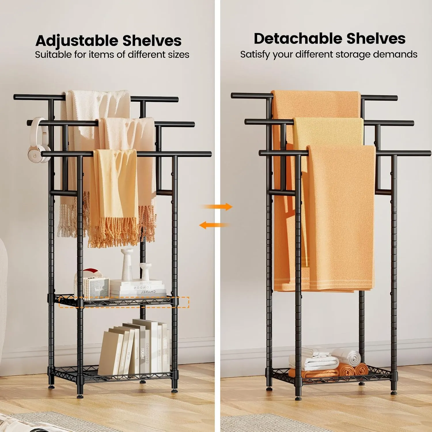 44" Tall Standing Towel Racks, 3 Tier Towel Stand Blanket Rack with Basket, Freestanding Towel Racks for Bathroom Organizer, Metal Blanket Rack for Outdoor Pool, Bedroom, Living Room, Black