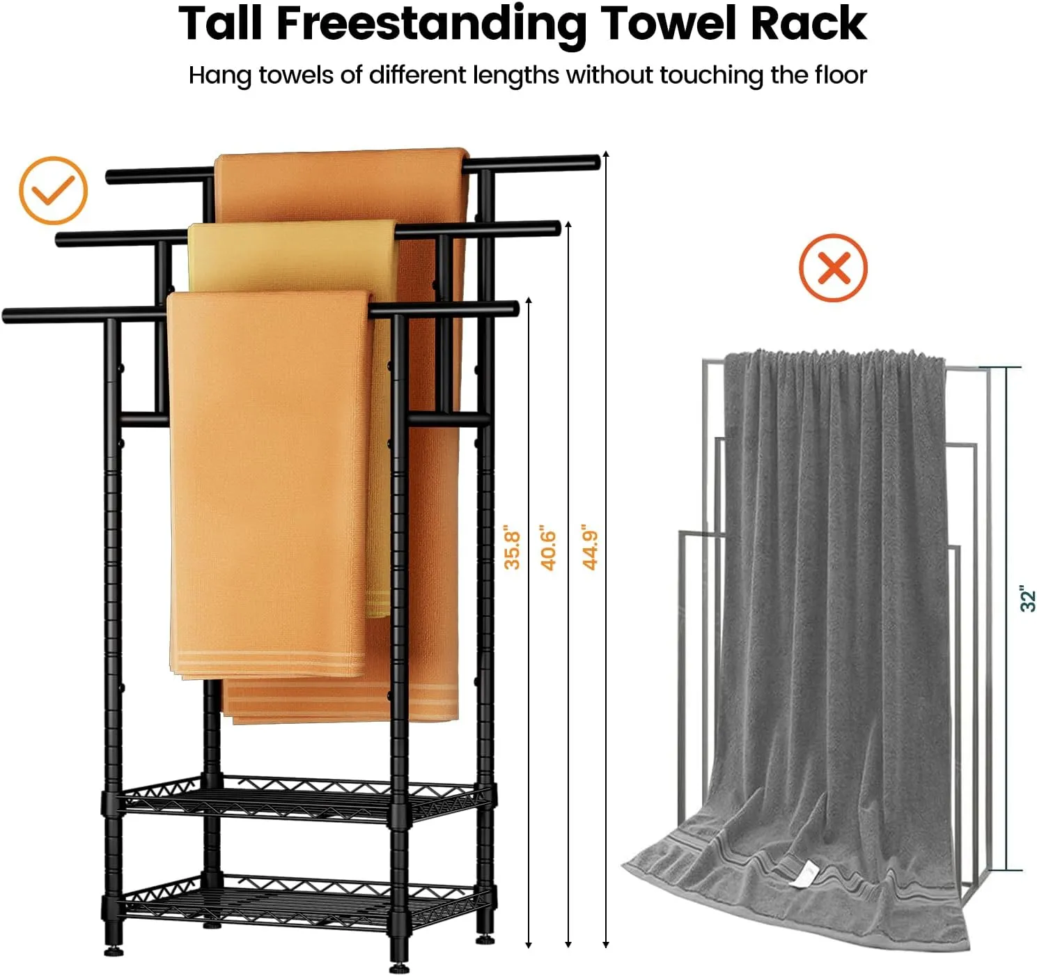 44" Tall Standing Towel Racks, 3 Tier Towel Stand Blanket Rack with Basket, Freestanding Towel Racks for Bathroom Organizer, Metal Blanket Rack for Outdoor Pool, Bedroom, Living Room, Black