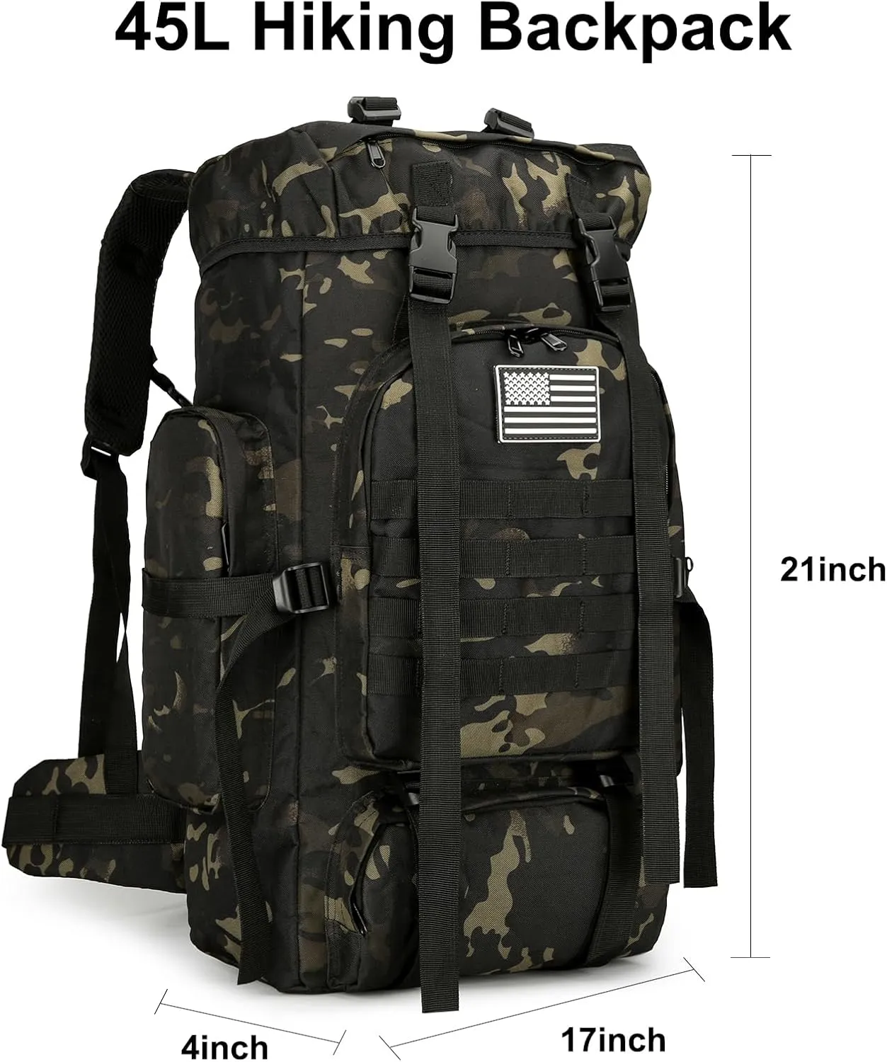45L Hiking Backpack Camping Rucksack Molle Military Backpack for Outdoor Traveling (Black CP)