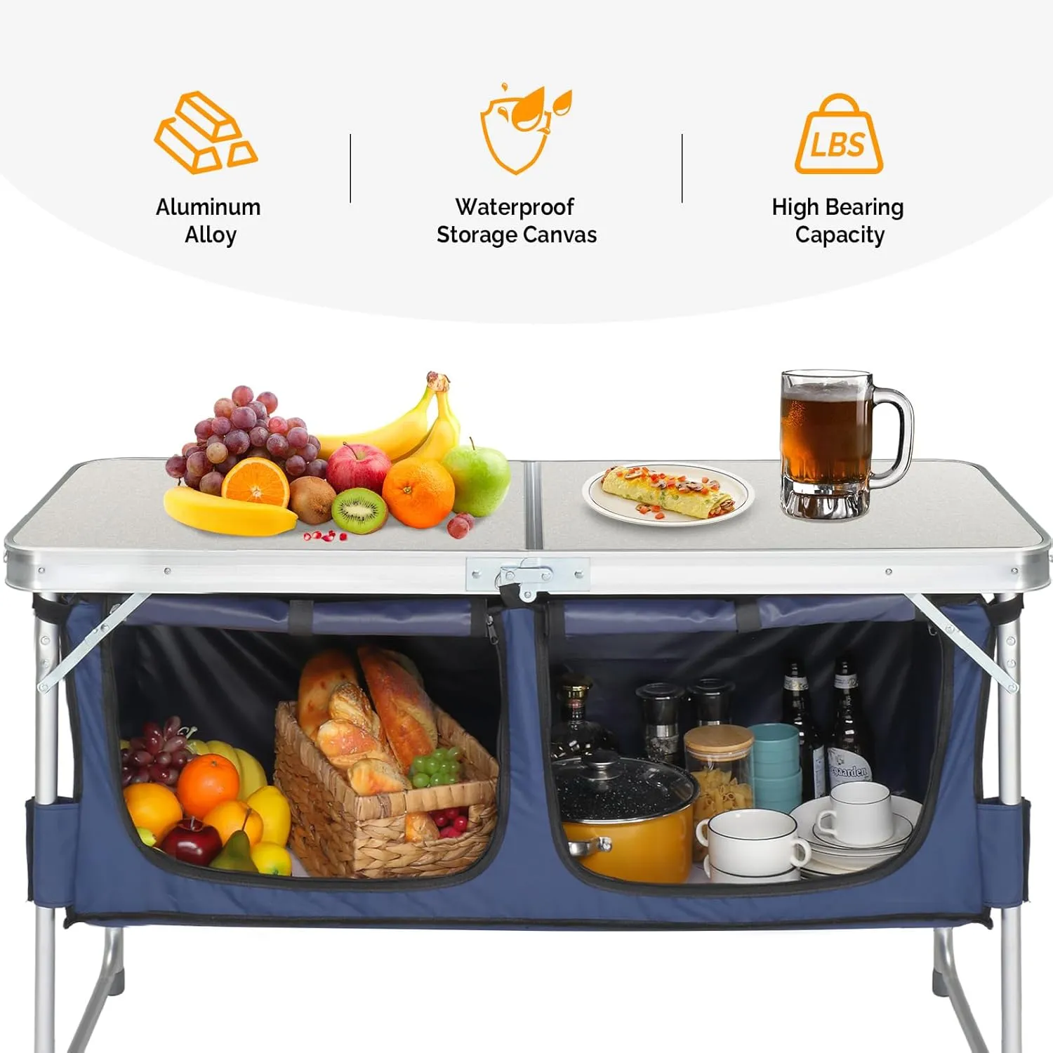 4ft Outdoor Folding Picnic Camping Table,Adjustable Height Aluminum Picnic Table,Lightweight Camping Table,Portable Folding Grill Table,with Storage,for Patio, Fishing, Beach, BBQ (White)