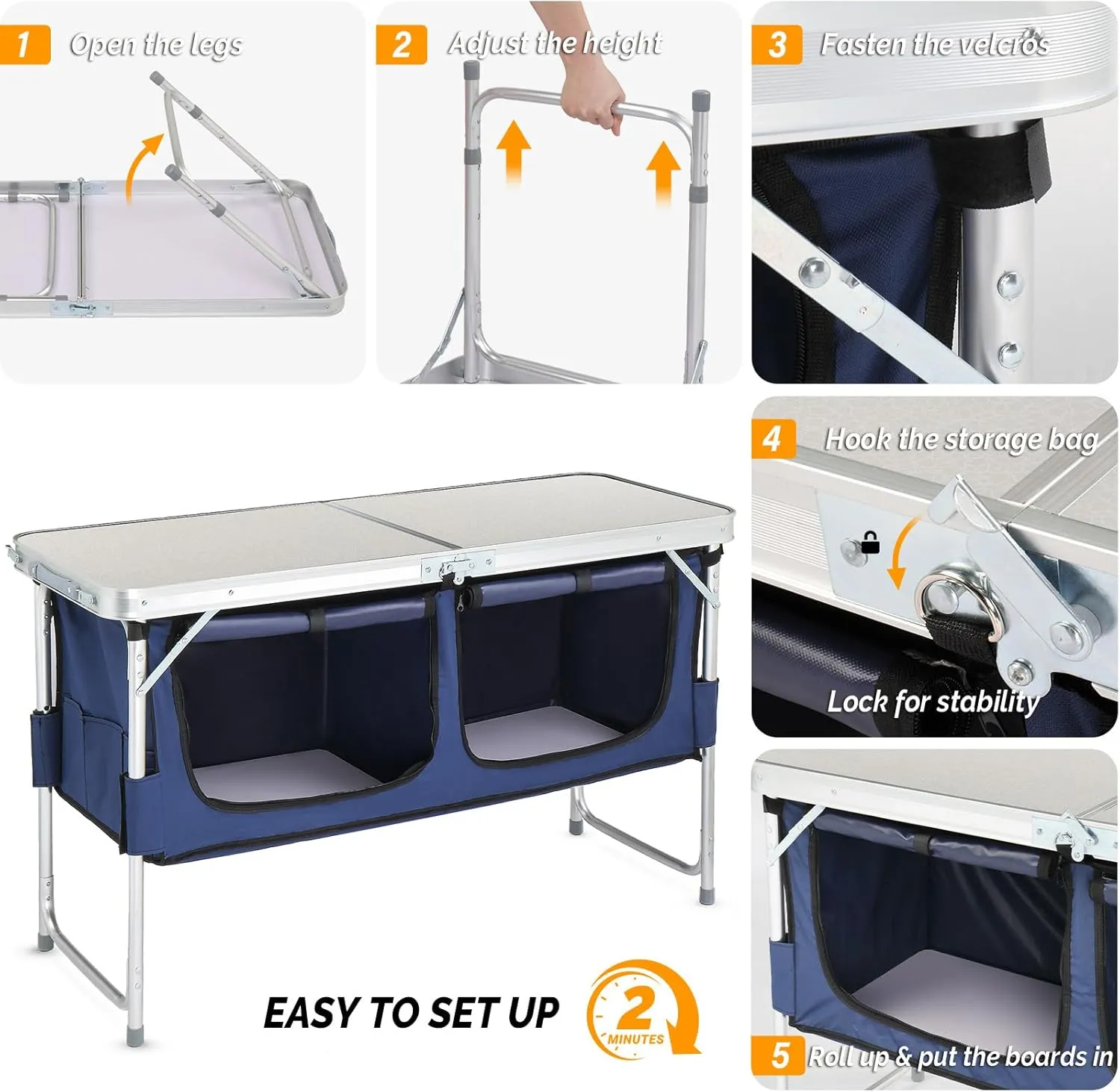 4ft Outdoor Folding Picnic Camping Table,Adjustable Height Aluminum Picnic Table,Lightweight Camping Table,Portable Folding Grill Table,with Storage,for Patio, Fishing, Beach, BBQ (White)