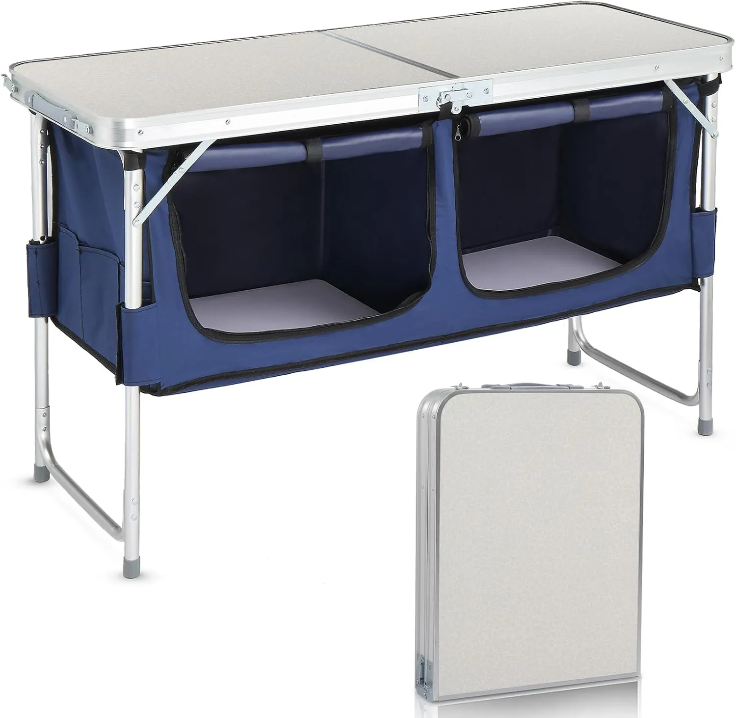 4ft Outdoor Folding Picnic Camping Table,Adjustable Height Aluminum Picnic Table,Lightweight Camping Table,Portable Folding Grill Table,with Storage,for Patio, Fishing, Beach, BBQ (White)