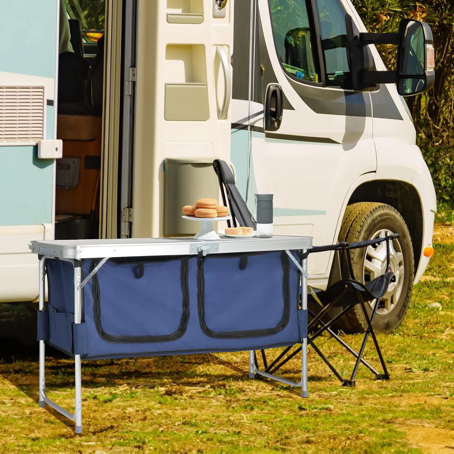 4ft Outdoor Folding Picnic Camping Table,Adjustable Height Aluminum Picnic Table,Lightweight Camping Table,Portable Folding Grill Table,with Storage,for Patio, Fishing, Beach, BBQ (White)