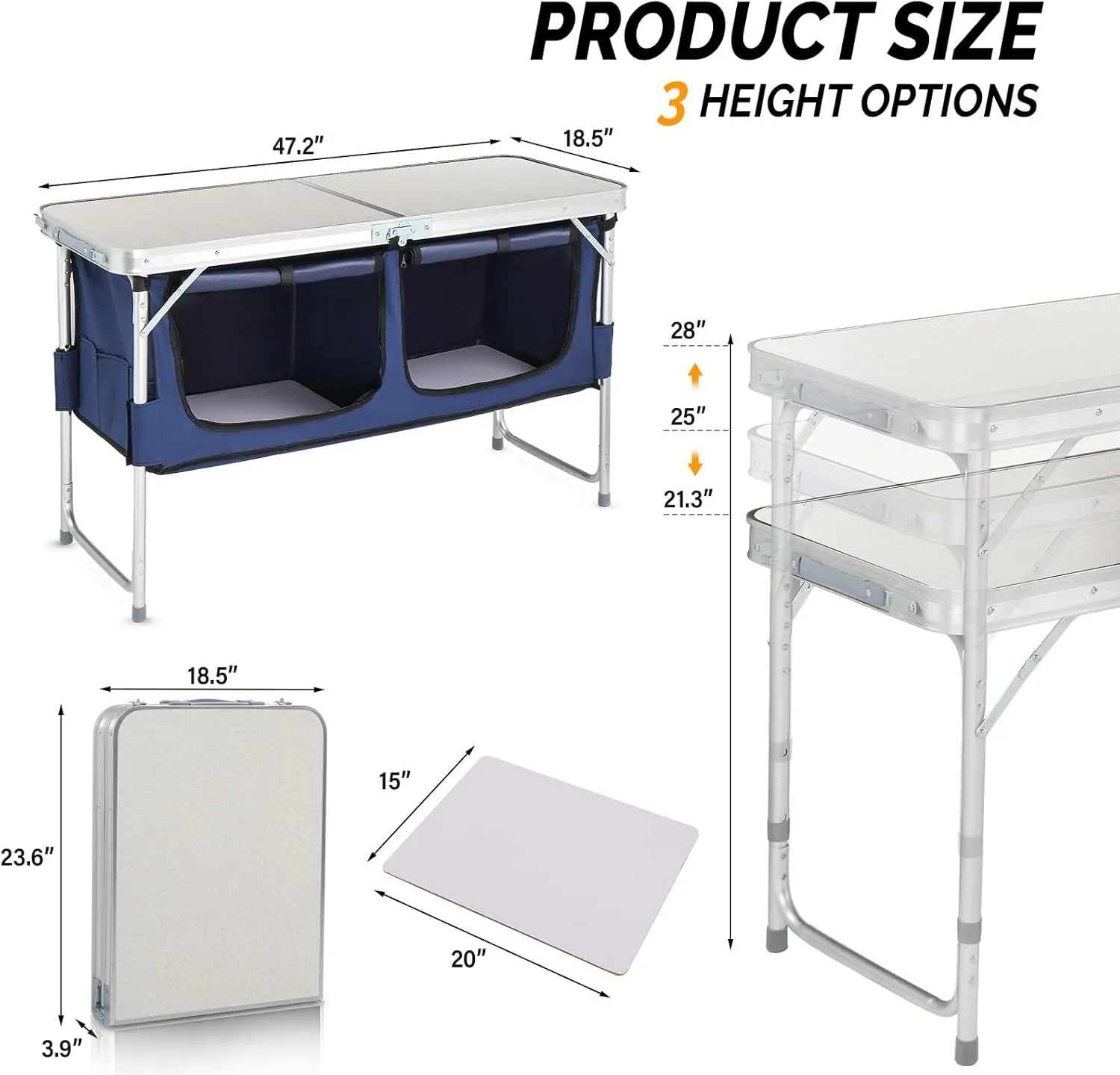4ft Outdoor Folding Picnic Camping Table,Adjustable Height Aluminum Picnic Table,Lightweight Camping Table,Portable Folding Grill Table,with Storage,for Patio, Fishing, Beach, BBQ (White)