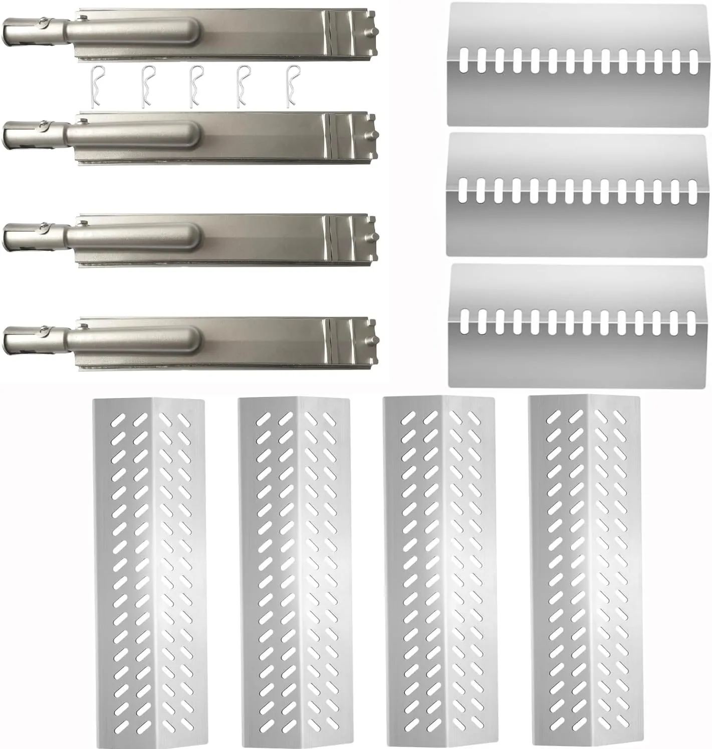 4pcs 16516 Stainless Steel Burners for Bull Grill Replacement Parts   4pcs 16631 Flame Tamer Flavor Bar   3pcs 16520 Heat Plate Shield Set,Fits for Bull, Lion, Cal Flame 4 Burner Gas Grills