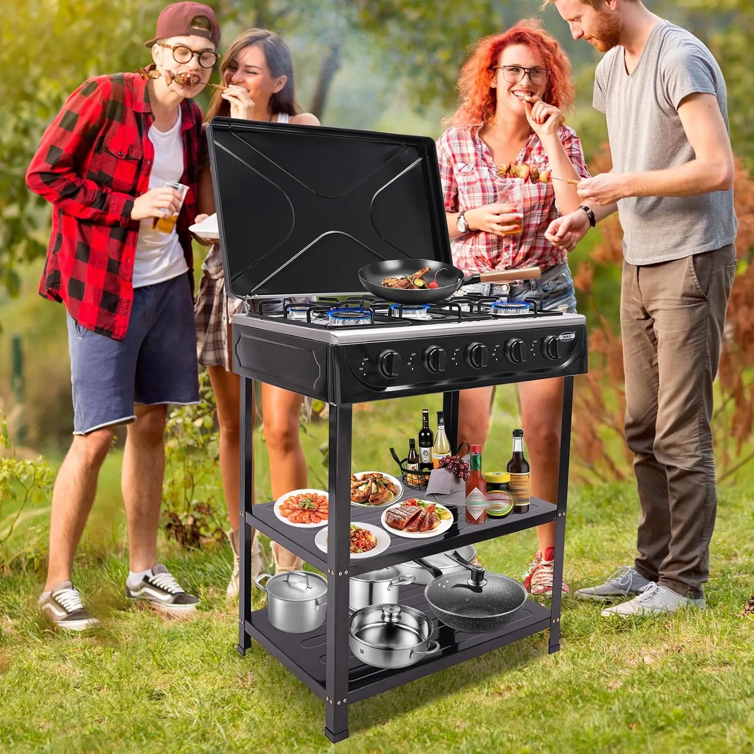 5 Burner Gas Stove with Removable Leg Stand Portable Gas Stove LNG/LPG Auto Ignition for RV, Apartment, Camping, Outdoor Cooking, Black