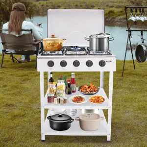 5 Burner Natural Gas Stove Camping Stove with Wind Blocking Cover and 2 Placement Boards,Portable Gas Cooker Stove with Support Leg Stand for Camping,Fishing,RV Travel (White)