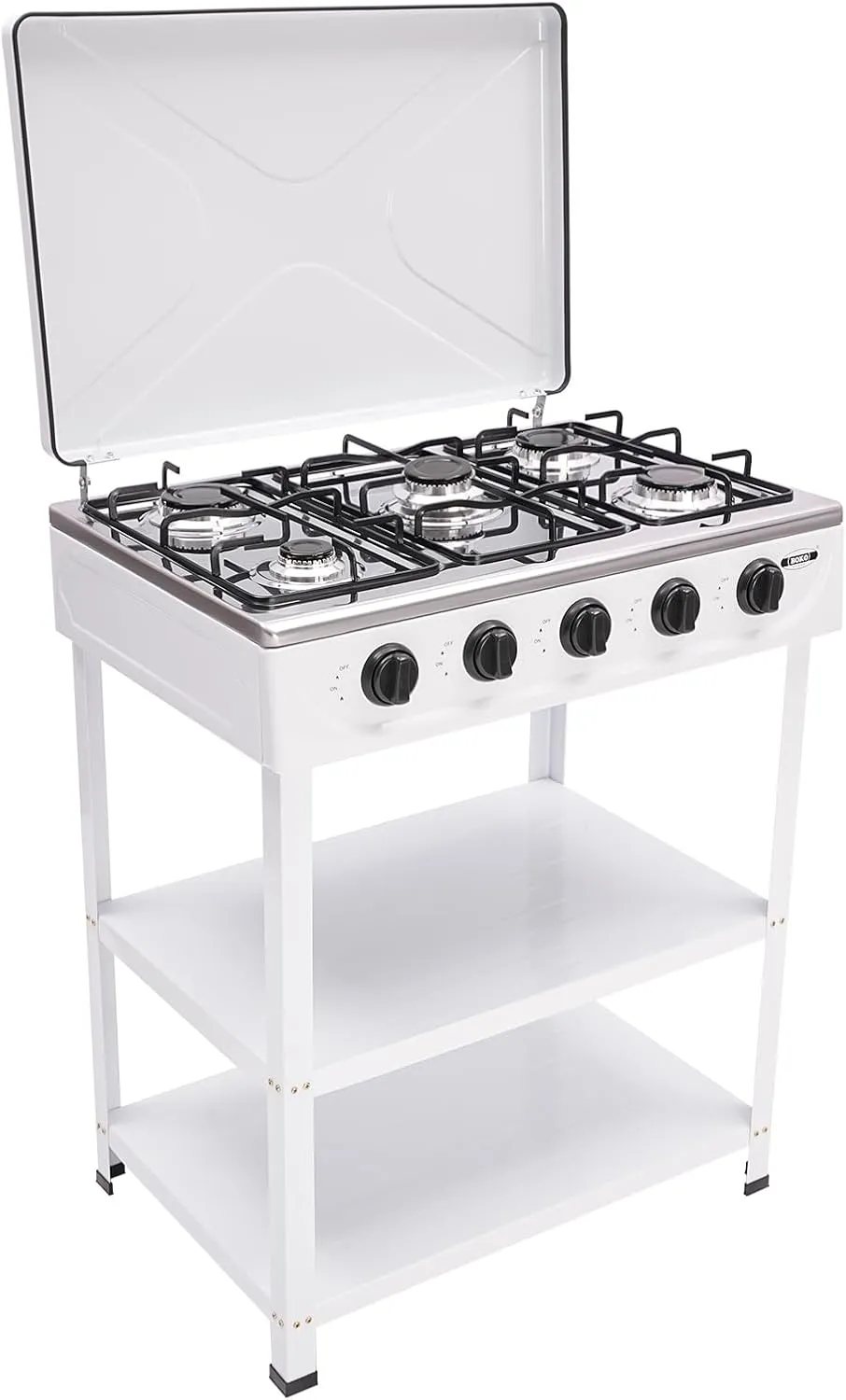 5 Burner Portable Gas Stove with Support Leg Stand and Wind Blocking Cover Adapter, Propane Gas Stove, Propane Burner Head for Camping, Tailgating, Home Brewing (White)