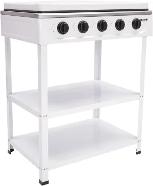 5 Burner Propane Stove Stand, Grill Natural Gas Cooker, Portable Outdoor Gas Stove for RV, 2.5KW Auto Ignition Camping Stove with Removable Leg for Stir-frying Cooking Pasta Boiling Soup White
