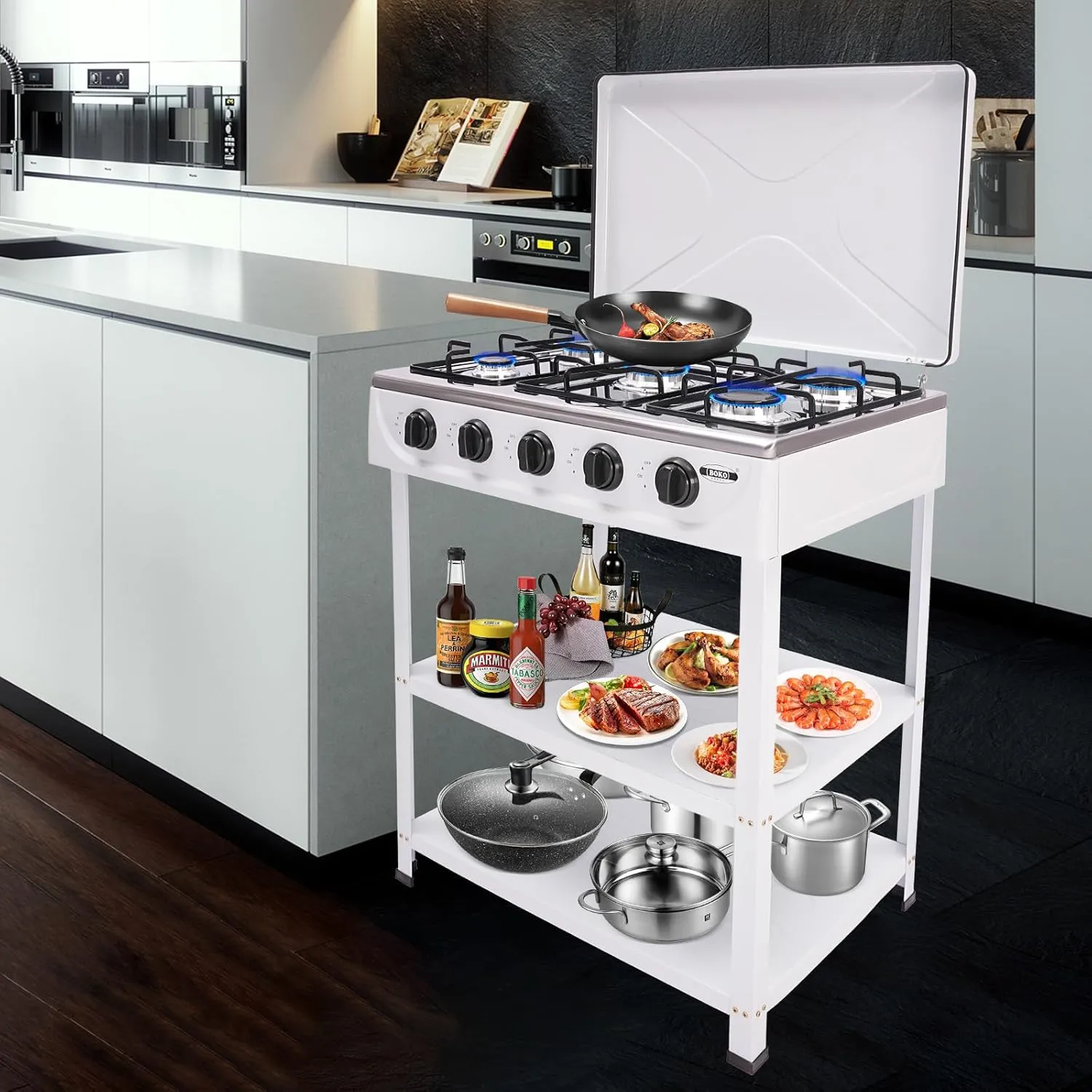 5 Burner Propane Stove Stand, Grill Natural Gas Cooker, Portable Outdoor Gas Stove for RV, 2.5KW Auto Ignition Camping Stove with Removable Leg for Stir-frying Cooking Pasta Boiling Soup White